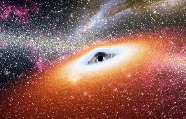 Une vue d'artiste d'un trou noir au centre d'une galaxie naissante Une vue d'artiste d'un trou noir au centre d'une galaxie naissante