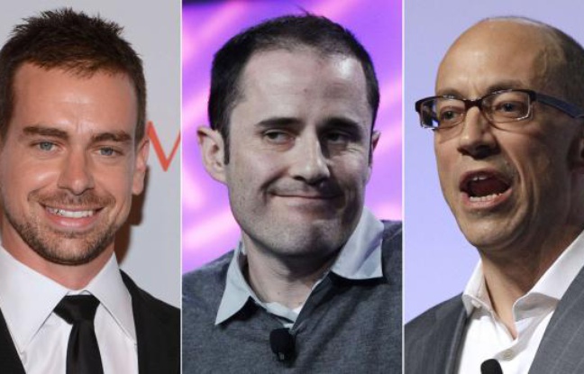 De gauche à droite, deux des quatre fondateurs de Twitter, Jack Dorsey et Evan Williams et l'actuel CEO, Dick Costolo. De gauche à droite, deux des quatre fondateurs de Twitter, Jack Dorsey et Evan Williams et l'actuel CEO, Dick Costolo.