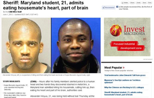 Capture d'écran du site de CNN relatant le meurtre de Kujoe Bonsafo Agyei-Kodie (à droite) par Alexander Kinyua (à gauche) qui aurait ensuite mangé son coeur et une partie de son cerveau. Capture d'écran du site de CNN relatant le meurtre de Kujoe Bonsafo Agyei-Kodie (à droite) par Alexander Kinyua (à gauche) qui aurait ensuite mangé son coeur et une partie de son cerveau.