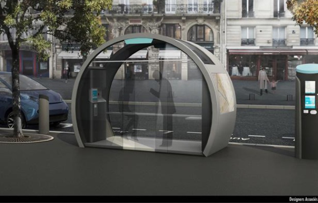 Un modèle de station Autolib', équipée d'un kiosque d'information Un modèle de station Autolib', équipée d'un kiosque d'information