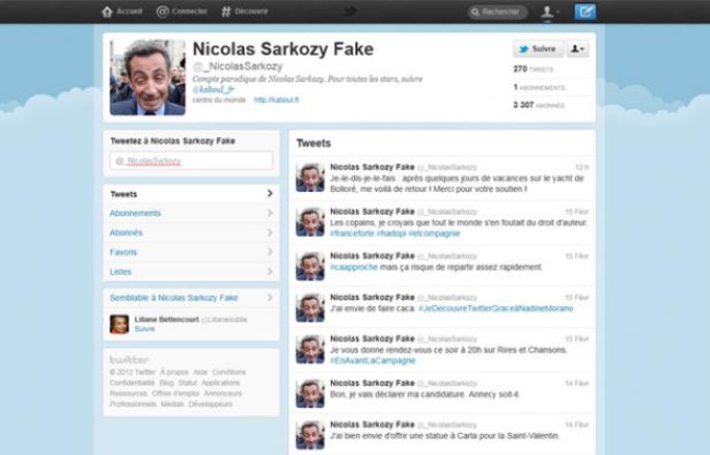 Le compte Twitter parodique «Nicolas Sarkozy Fake», @_NicolasSarkozy. Le compte Twitter parodique «Nicolas Sarkozy Fake», @_NicolasSarkozy.