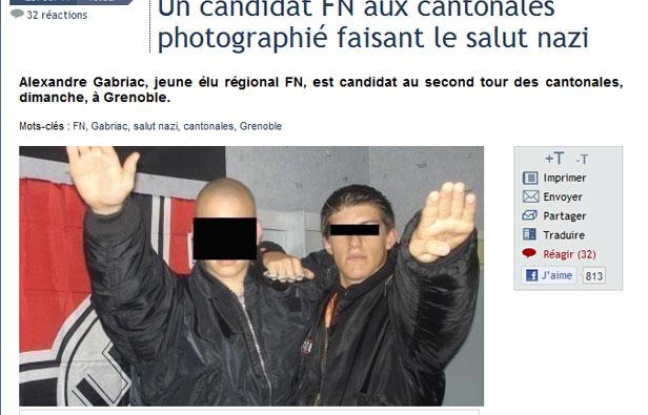 Capture d'écran le 25 mars 2011 du site Nouvelobs.com révèlant une photo de l'élu régional frontiste Alexandre Gabriac, faisant le salut nazi devant un drapeau frappé de la croix gammée. Capture d'écran le 25 mars 2011 du site Nouvelobs.com révèlant une photo de l'élu régional frontiste Alexandre Gabriac, faisant le salut nazi devant un drapeau frappé de la croix gammée.