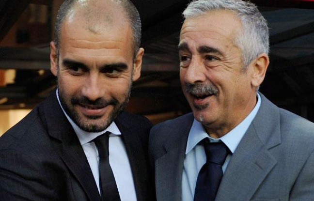 Manolo Preciado (à droite) aux côtés de Pep Guardiola, avant le match entre le Sporting Gijon et Barcelone, au stade El Molinon, le 2 Octobre 2011. Manolo Preciado (à droite) aux côtés de Pep Guardiola, avant le match entre le Sporting Gijon et Barcelone, au stade El Molinon, le 2 Octobre 2011.
