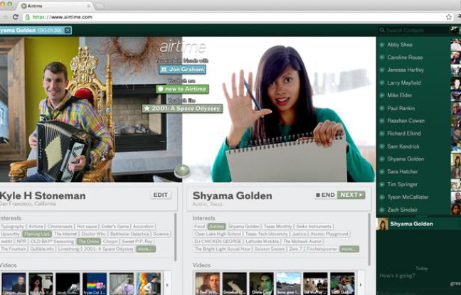 Airtime.com, le site de conversation vidéo via Facebook lancé en juin 2012 par Sean Parker et Shawn Fanning, les créateurs de Napster. Airtime.com, le site de conversation vidéo via Facebook lancé en juin 2012 par Sean Parker et Shawn Fanning, les créateurs de Napster.