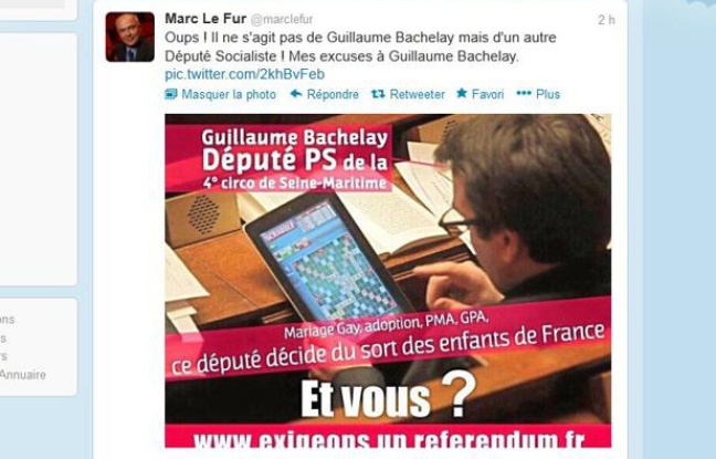 Capture d'écran du compte Twitter du député UMP Marc Le Fur, 5 février 2013. Capture d'écran du compte Twitter du député UMP Marc Le Fur, 5 février 2013.