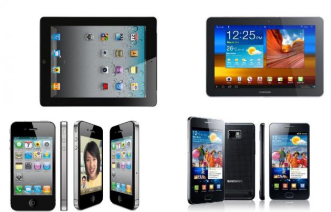 L'iPad 2 et l'iPhone 4, d'Apple (gauche) face à au Samsung Galaxy Tab 10.1 et au Galaxy S II. L'iPad 2 et l'iPhone 4, d'Apple (gauche) face à au Samsung Galaxy Tab 10.1 et au Galaxy S II.