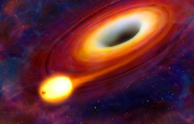 Vue d'artiste du phénomène SW 1644+57, lors duquel un trou noir a avalé une étoile, dans la constellation du Dragon, à 3,8 milliards d'années-lumières. Vue d'artiste du phénomène SW 1644+57, lors duquel un trou noir a avalé une étoile, dans la constellation du Dragon, à 3,8 milliards d'années-lumières.