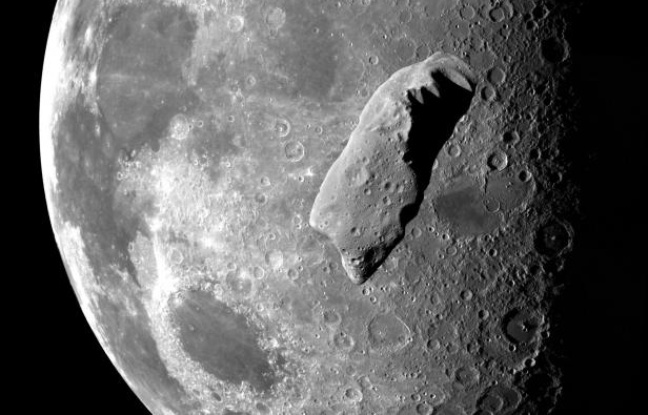 Photomontage d'un astéroïde en orbite autour de la Lune. Photomontage d'un astéroïde en orbite autour de la Lune.