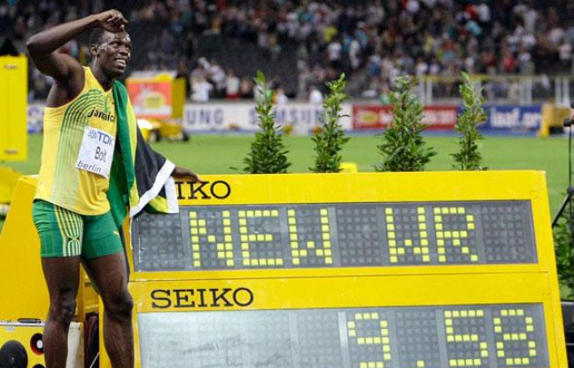 Usain Bolt après son record du monde à Berlin, le 16 août 2009. Usain Bolt après son record du monde à Berlin, le 16 août 2009.