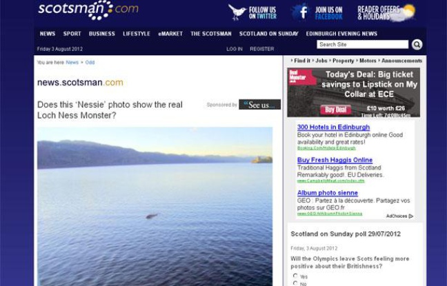 Capture d'écran du site scotsman.com montrant la photo du présumé monstre du Loch Ness, prise en novembre 2011. Capture d'écran du site scotsman.com montrant la photo du présumé monstre du Loch Ness, prise en novembre 2011.
