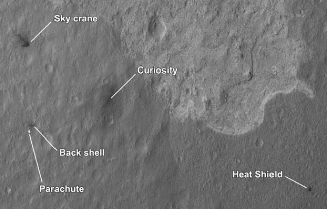 Carte de la Nasa montrant les lieux où ont atterri les divers éléments de la mission du robot Curiosity sur Mars. Carte de la Nasa montrant les lieux où ont atterri les divers éléments de la mission du robot Curiosity sur Mars.
