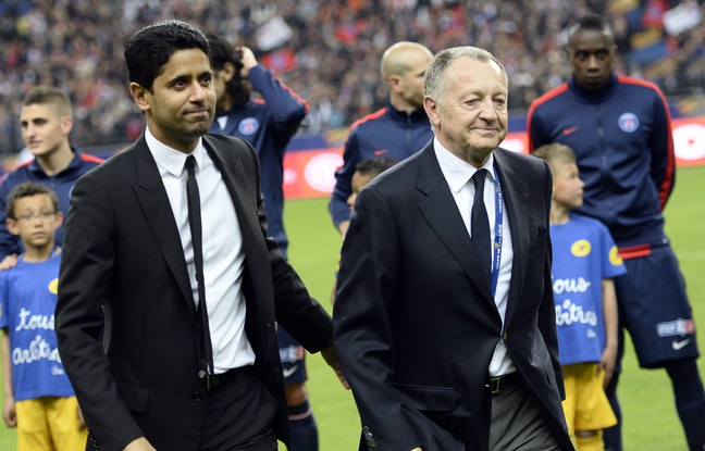 Jean-Michel Aulas aux côtés de Nasser Al-Khelaïfi, ici lors de la finale de Coupe de la Ligue entre Lyon et Paris, en avril 2014. Jean-Michel Aulas aux côtés de Nasser Al-Khelaïfi, ici lors de la finale de Coupe de la Ligue entre Lyon et Paris, en avril 2014.