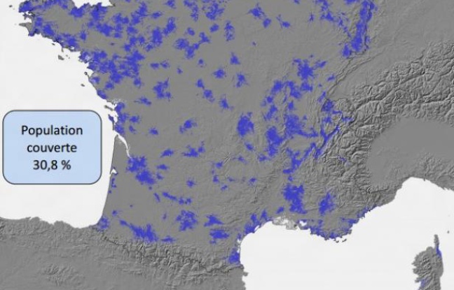 La couverture du réseau de Free Mobile, estimée à 30,8% du territoire, fin mars, par l'ANFR. La couverture du réseau de Free Mobile, estimée à 30,8% du territoire, fin mars, par l'ANFR.