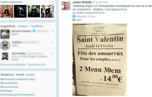 Un restaurant Subway d'Angers a limité son offre promotionnelle de Saint-Valentin aux couples hétérosexuels. Un restaurant Subway d'Angers a limité son offre promotionnelle de Saint-Valentin aux couples hétérosexuels.
