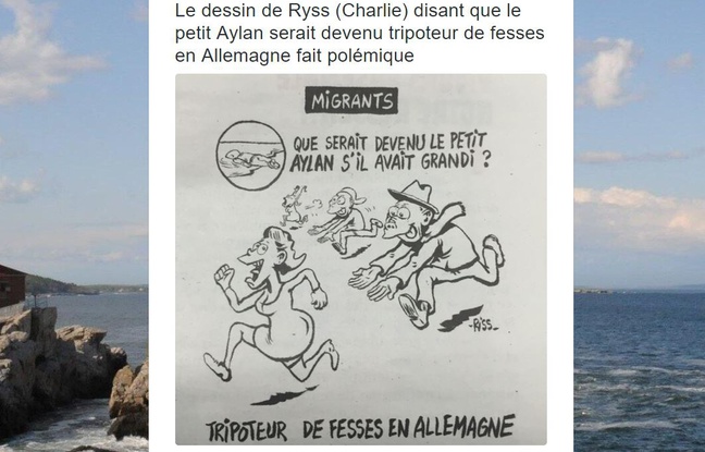 Capture d'écran d'un post Twitter montrant le dessin de «Charlie Hebdo» mettant en scène Aylan Kurdi. Capture d'écran d'un post Twitter montrant le dessin de «Charlie Hebdo» mettant en scène Aylan Kurdi.