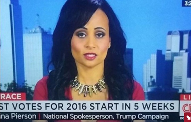 Katrina Pierson, porte-parole de Donald Trump, candidat républicain à la présidentielle américaine, portait un collier qui n’est pas passé inaperçu lors de son dernier passage sur CNN lundi dernier. Katrina Pierson, porte-parole de Donald Trump, candidat républicain à la présidentielle américaine, portait un collier qui n’est pas passé inaperçu lors de son dernier passage sur CNN lundi dernier.