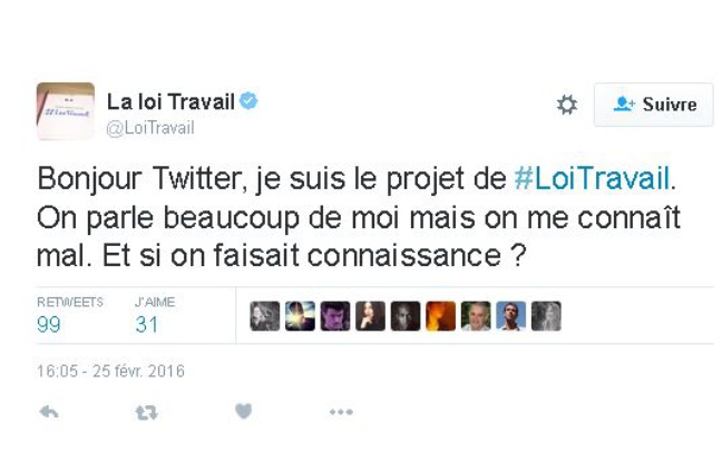 Premier tweet du compte @LoiTravail, le 25 février 2016. Premier tweet du compte @LoiTravail, le 25 février 2016.