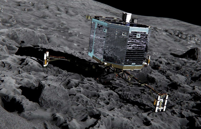 Vue d'artiste du robot Philae posé sur la comète Tchouri. Vue d'artiste du robot Philae posé sur la comète Tchouri.