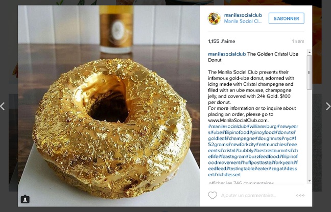 Capture d'écran du comtpe Instagram du restaurant Manila Social Club, de Brooklyn, qui propose un donut au champagne Cristal recouvert de feuilles d'or 24 carats. Capture d'écran du comtpe Instagram du restaurant Manila Social Club, de Brooklyn, qui propose un donut au champagne Cristal recouvert de feuilles d'or 24 carats.