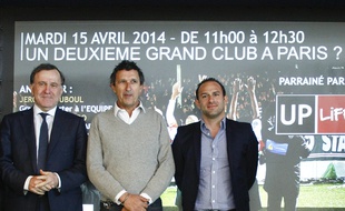 Pierre Ferracci, président du Paris FC, Patrice Haddad, président du Red Star et Jérôme Touboul, journaliste à L'Equipe, le 15 avril 2014.