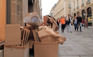Des cartons posés dans la rue Le Bastard, principale artère commerçante de Rennes.