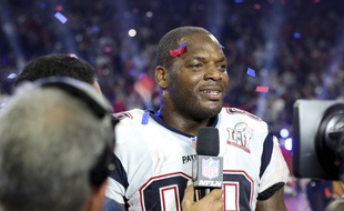 Le joueur des New England Patriots Martellus Bennett, après la victoire de son équipe sur les Atlanta Falcons, lors du Super Bowl LI, le 5 février 2017 à Houston.