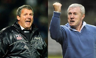 Rolland Courbis (G), l'ancien entraîneur de l'AC Ajaccio, le 11 janvier 2003 et Luis Fernandez (D), le nouvel entraîneur de Reims, le 22 janvier 2009.