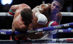 Joshua a couché Pulev lors du 9e round à Londres, samedi.