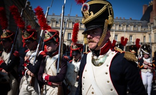 Fontainebleau, 20 avril 2019. Une centaine de figurants participent à une reconstitution historique, d'un sejour de Napoléon et Joséphine au château de Fontainebleau, en avril 1809.
