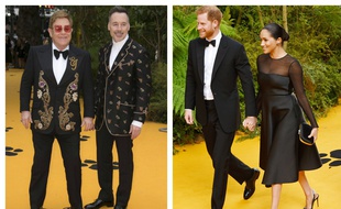 Elton John et son mari David Furnish, le prince Harry et son épouse Meghan Markle, duc et duchesse de Sussex, le 14 juillet 2019 à Londres, lors de l'avant-première du «Roi Lion».