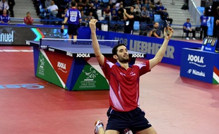 Emmanuel Lebesson à genoux juste après avoir décroché le titre de champion d'Europe de tennis de table, le 23 octobre 2016 à Budapest.