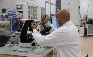 Un chercheur dans un laboratoire de Sanofi à Marcy-l'Etoile près de Lyon, le 16 juin 2020.