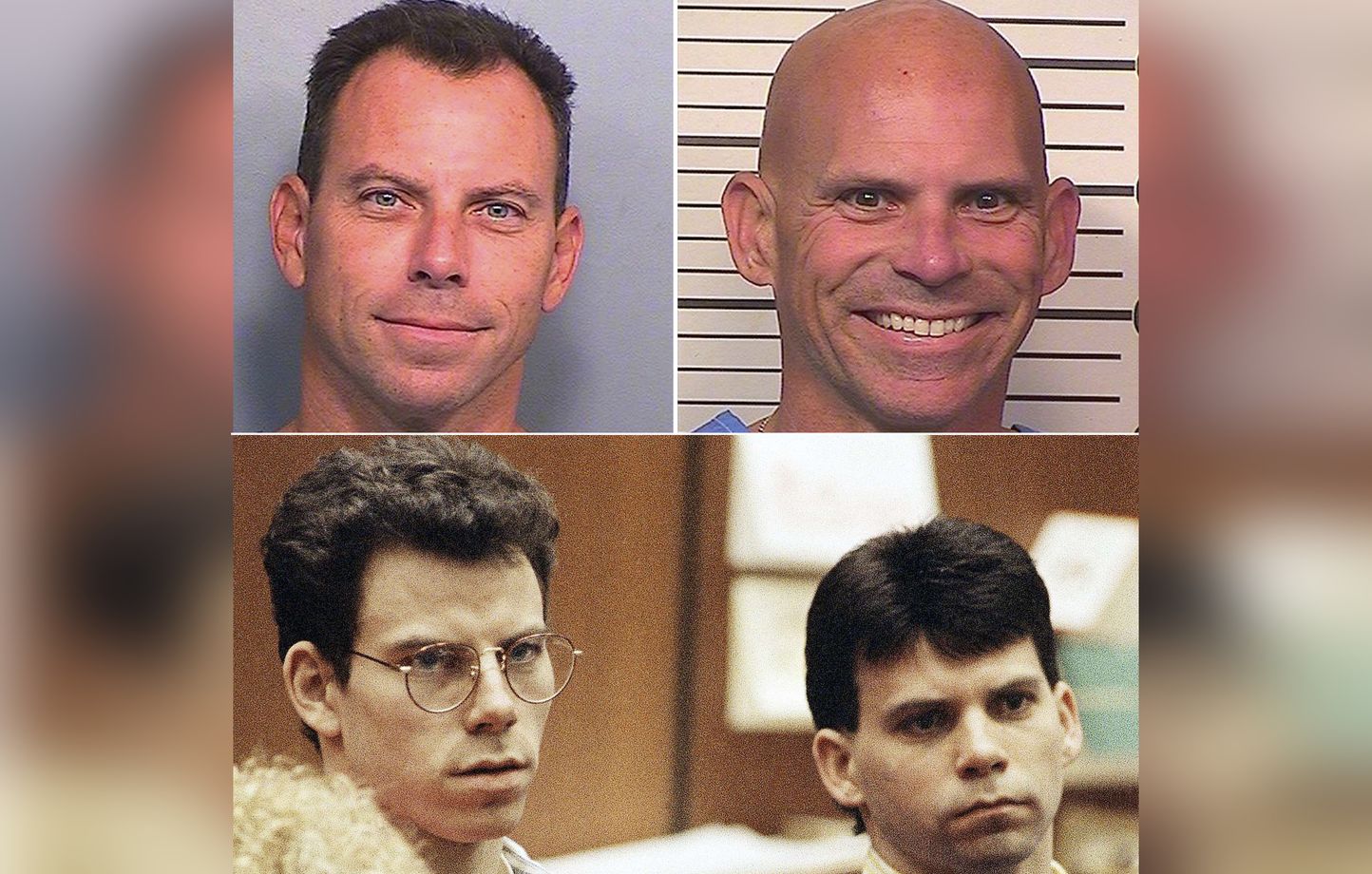 Les frères Erik et Lyle Menendez en 2016 (haut) et en 1992, lors de leur premier procès pour l'assassinat de leurs parents.