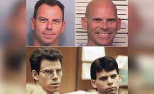 Les frères Erik et Lyle Menendez en 2016 (haut) et en 1992, lors de leur premier procès pour l'assassinat de leurs parents.