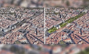 Vue avant-après du site concerné avec le Théâtre national de Nice et le palais Acropolis