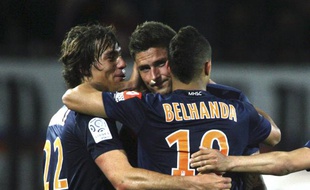 Les joueurs de Montpellier, Stambouli, Giroud et Belhanda (de g. à dr.) lors d'un match contre Evian le 1er mai 2012.