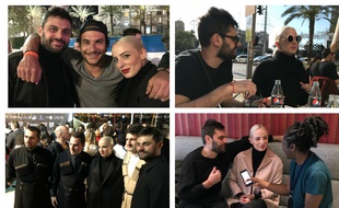 De gauche à droite et de haut en bas : Emilie Satt et Jean-Karl Lucas (le duo Madame Monsieur), avec Amir, en pause avant les répétitions, aux côtés des candidats géorgiens, en interview avec Deban Aderemi du site Wiwibloggs.