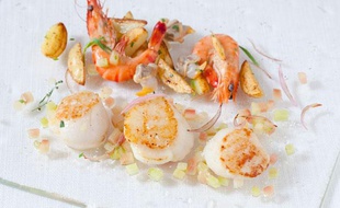 Saint-Jacques, coques à la rhubarbe et crevettes.