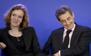 Nathalie Kosciusko-Morizet, vice-présidente de l'UMP, et Nicolas Sarkozy, son président, le 8 avril 2015 à un meeting au siège du parti