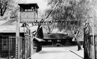 L'entrée du camp de concentration d'Auschwitz en avril 1945, après sa libération par les troupes soviétiques en janvier