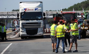 Des agriculteurs manifestent et mènent des actions de contrôle dans des camions pour vérifier l'origine des produits sur l'A63 au péage de Benesse-Maremne, le 5 août 2015