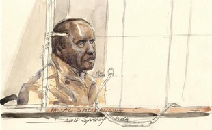 Dessin d'audience datant du 4 février 2014 à Paris, montrant Pascal Simbikangwa, premier Rwandais jugé en France pour le génocide de 1994