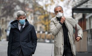 Tariq Ramadan à Genève, accompagné de son avocat François Canonica (à gauche), le 10 novembre 2020.