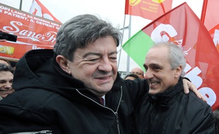 Jean-Luc Mélenchon et Philippe Poutou le 29 novembre 2012 à l'université Paul Sabatier de Toulouse.