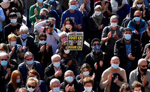 Le 18 octobre 2020, à Toulouse, dans le cortège du rassemblement en hommage à Samuel Paty.
