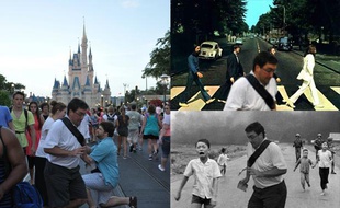 Montage de la photographie originale (G) ayant inspiré le mème «In the way guy», décliné dans diverses scènes historiques (D).