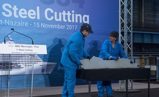 Steel cutting ceremony of the MSC Meraviglia cruise at STX Les chantiers de l Atlantique shipyard in Saint Nazaire Western France on November 15 2017.//SALOM-GOMIS_st004/Credit:SEBASTIEN SALOM GOMIS/SIPA/1711160905
