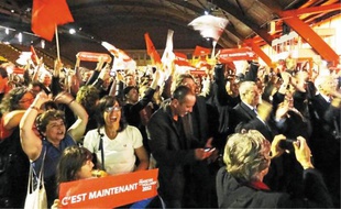 La victoire de François Hollande a été acclamée triomphalement à la Halle Clemenceau.