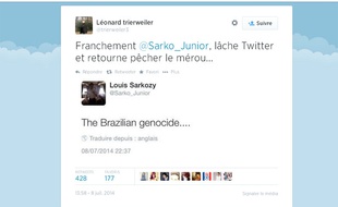 Paris, le 09 juillet 2014. Capture du fil Twitter de Léonard Trierweiler qui s'en prend à Louis Sarkozy.
