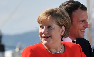 Angela Merkel et Emmanuel Macron lors d'un congrès à Trieste le 12 juillet 2017.
